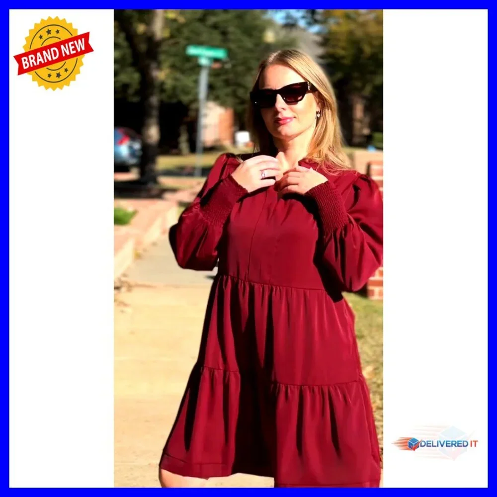Long Sleeve Tunic Dress V Neck Loose Ruffle Tiered Casual Fall Chic - Picture 7 of 7